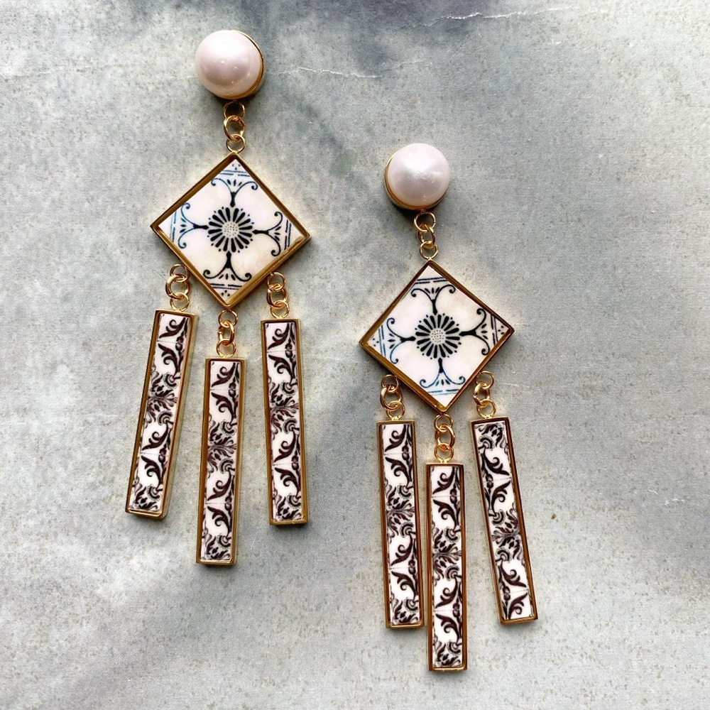 Iberian Tile Statement Earrings | Black/White with Pearl Accents